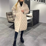 Winter Rhombus Stitching Coat Warm Solid Color Pocket Lapel Long Jacket Women's Clothing brandscluster