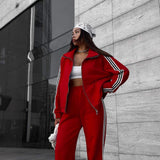 Women's Casual Hooded Jacket Loose Color-block Striped Pants Two-piece Set brandscluster