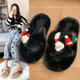 Christmas Hat Fluffy Slippers Women's Warm Toe Covering Cotton Slippers brandscluster
