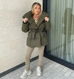 Winter Thickened Jacket Fashion Lapel Cotton Coat With Belt Warm Casual Top Outwear Women's Clothing Amazon