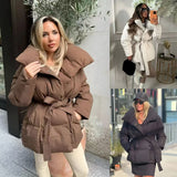 Winter Thickened Jacket Fashion Lapel Cotton Coat With Belt Warm Casual Top Outwear Women's Clothing Amazon