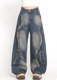 Deconstructed Embroidered Washed Jeans For Women, Autumn brandscluster