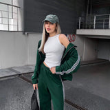 Women's Casual Hooded Jacket Loose Color-block Striped Pants Two-piece Set brandscluster