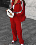 Women's Casual Hooded Jacket Loose Color-block Striped Pants Two-piece Set brandscluster