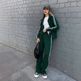 Women's Casual Hooded Jacket Loose Color-block Striped Pants Two-piece Set brandscluster