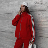 Women's Casual Hooded Jacket Loose Color-block Striped Pants Two-piece Set brandscluster