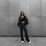 Women's Casual Hooded Jacket Loose Color-block Striped Pants Two-piece Set brandscluster