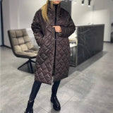 Winter Rhombus Stitching Coat Warm Solid Color Pocket Lapel Long Jacket Women's Clothing brandscluster