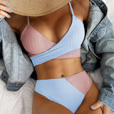 Bikini Patchwork Swimwear Ribbed Women's Swimsuit Knot Back Beachwear Ruched Butt Biquinis Bathing Suits brandscluster