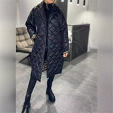 Winter Rhombus Stitching Coat Warm Solid Color Pocket Lapel Long Jacket Women's Clothing brandscluster