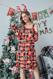Christmas Plaid Print Off-shoulder Long Sleeve Dress brandscluster