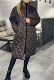Winter Rhombus Stitching Coat Warm Solid Color Pocket Lapel Long Jacket Women's Clothing brandscluster