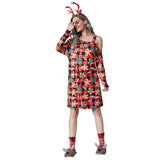 Christmas Plaid Print Off-shoulder Long Sleeve Dress brandscluster