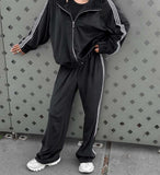 Women's Casual Hooded Jacket Loose Color-block Striped Pants Two-piece Set brandscluster