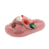 Christmas Hat Fluffy Slippers Women's Warm Toe Covering Cotton Slippers brandscluster