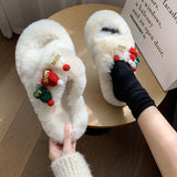 Christmas Hat Fluffy Slippers Women's Warm Toe Covering Cotton Slippers brandscluster