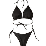 Solid Color Lace-up Bikini Three-point T-back Swimsuit Suit With Chest Pad Beach Womens Clothing brandscluster